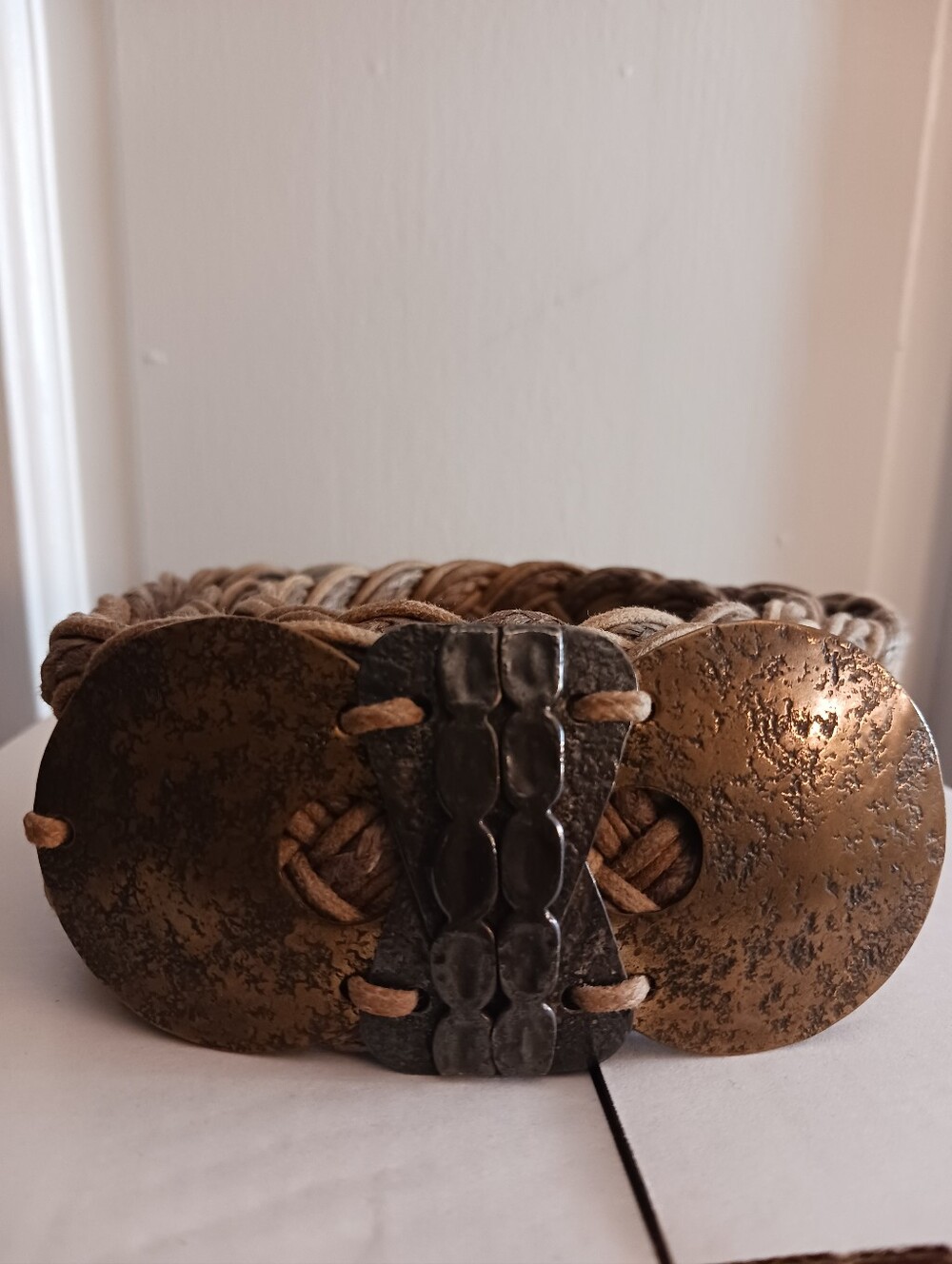 Marjorie Baer SF Brutalist Art Metal & Woven Fiber Belt Size 36 , 4in Buckle